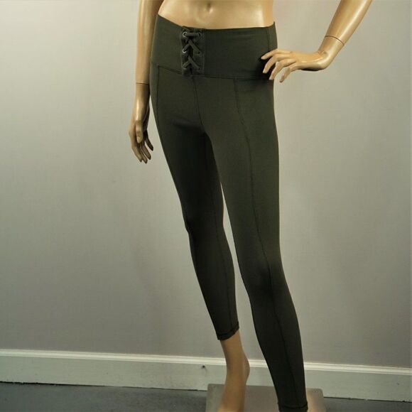 Green Ribbed Junior Leggings Sz M Crisscross Detailed Front - Picture 3 of 8